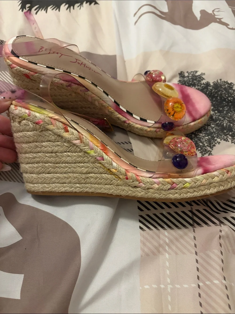 Betsey Johnson Pink Tie-Dye Floral Resin Espadrille Wedge Sandals